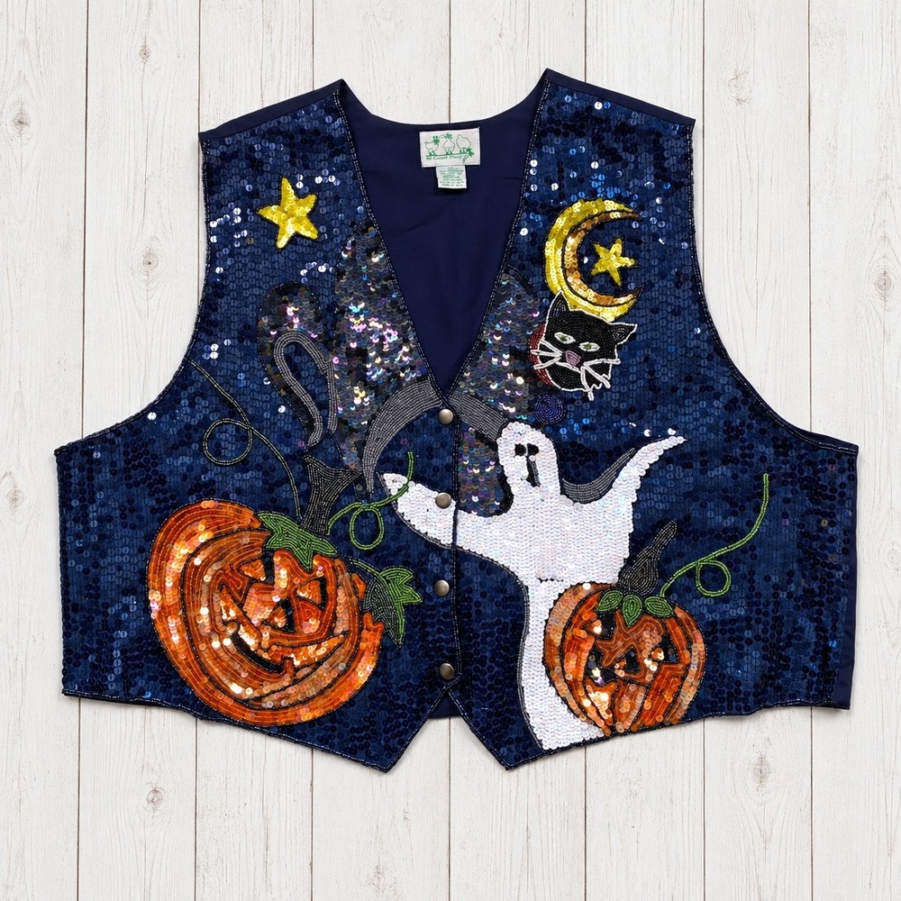 Vintage Quacker Factory Halloween Sequin Vest 3X Ghost Pumpkin Cat Statement